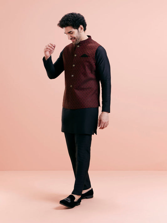 Maroon Silk Blend Jacquard Nehru Jacket