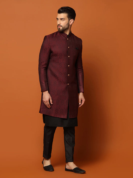 Maroon Silk Blend Woven Sherwani Kurta Trouser Set