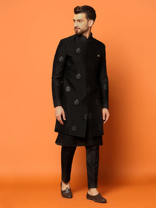 Men Black Embroidered Kurta Indowestern Churidar Set