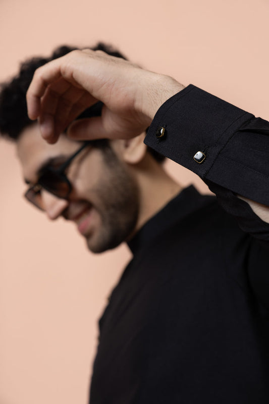 Men Black Solid Asymmetrical Kurta