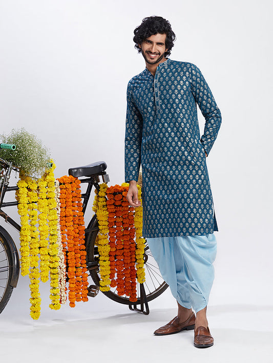 Men Blue Printed Kurta Dhoti Set
