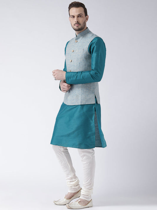 Men Blue Solid Kurta Jacket Churidar Set