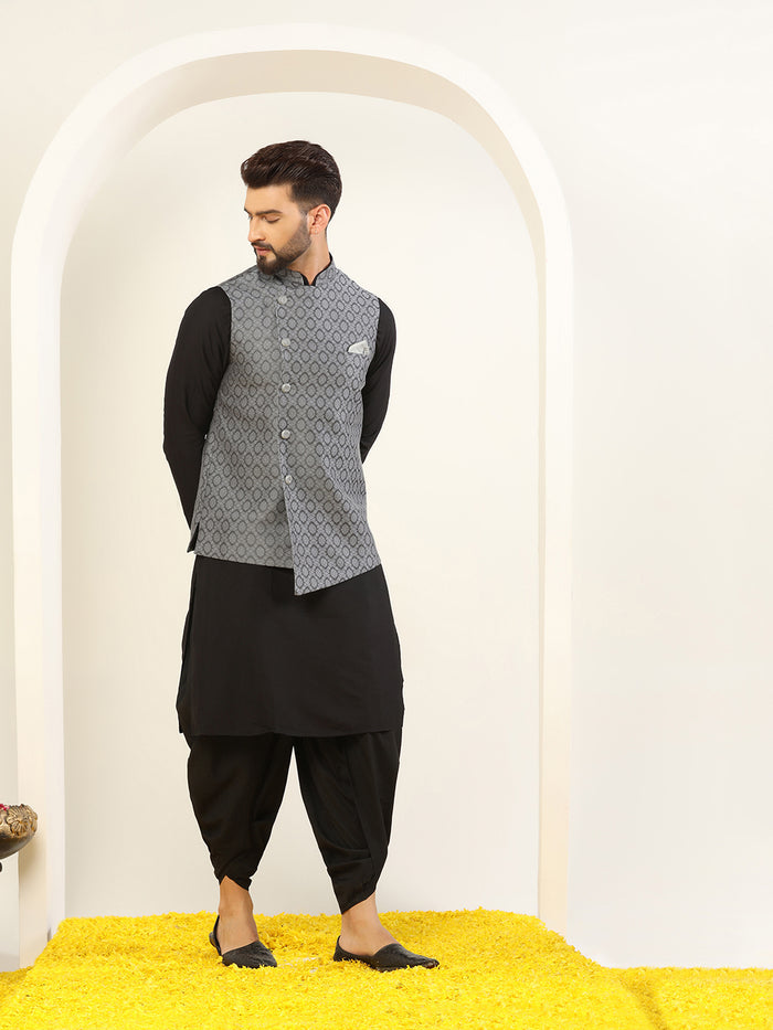 Men Grey Asymmetrical Textured Nehru Jacket
