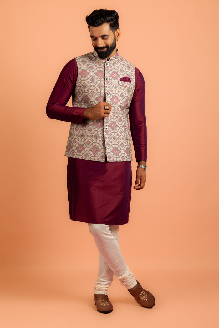 Men Grey Woven Design Nehru Jacket