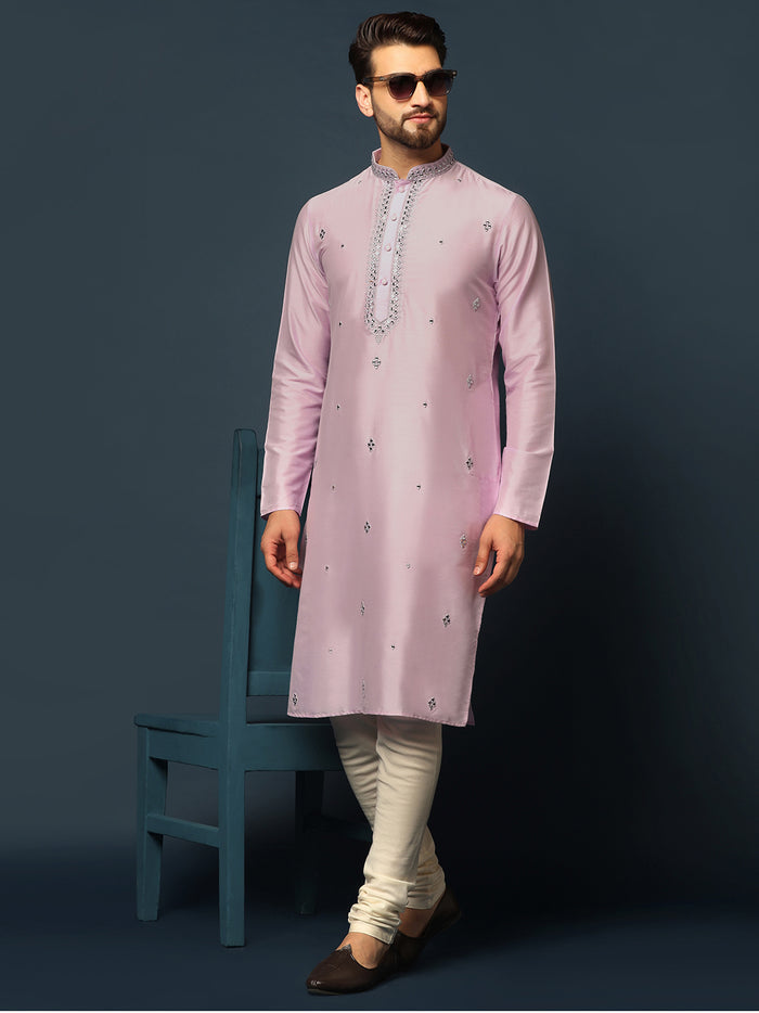 Men Light Pink Mirror Work Elegant Festive Kurta Set with Churidar