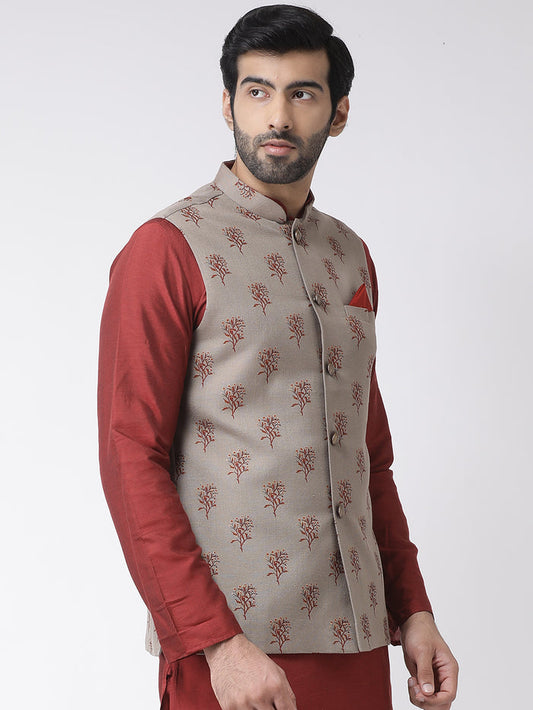 Men Maroon Printed Nehru Jacket