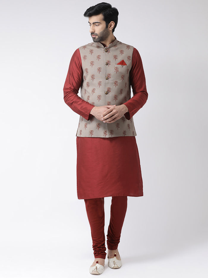 Men Maroon Printed Nehru Jacket