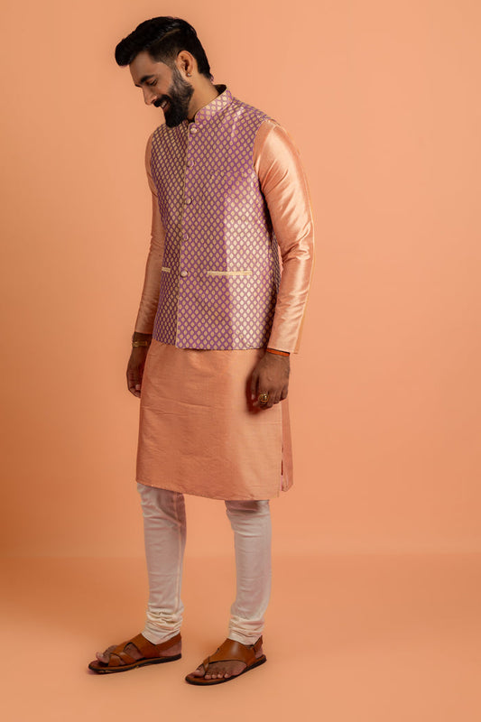 Men Mauve Textured Kurta Jacket Churidar Set