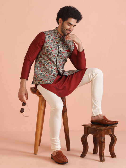 Men Olive Printed Nehru Jacket