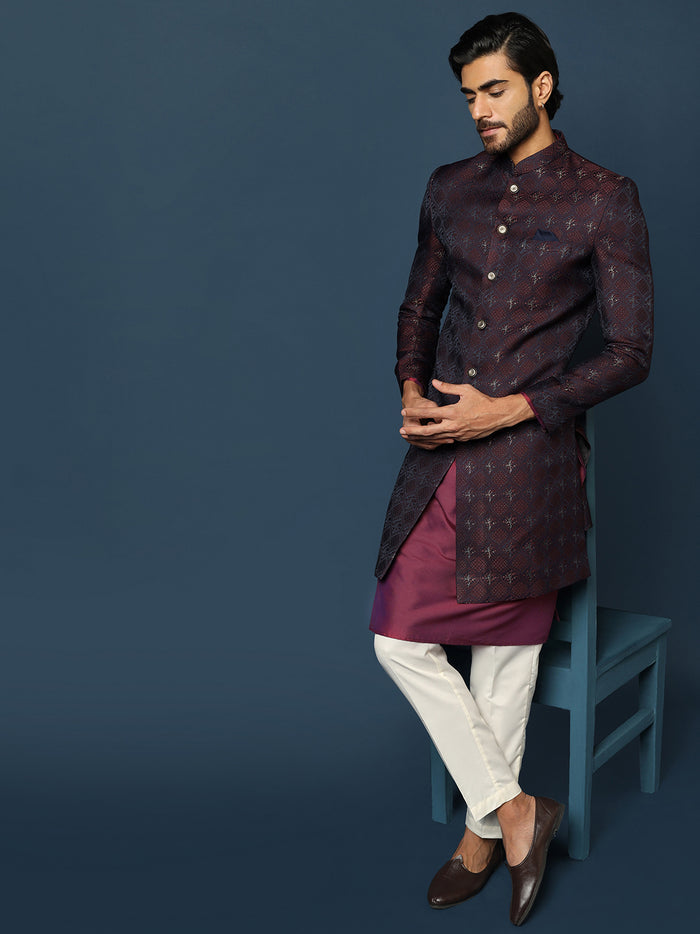 Men Purple Textured Kurta Indowestern Trouser Set