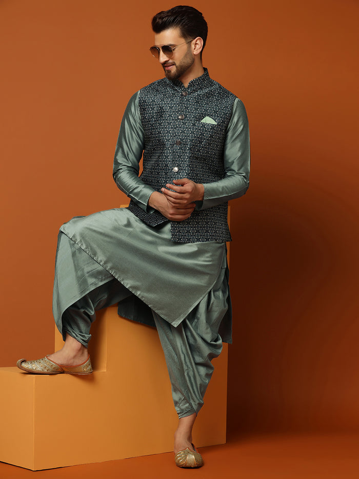 Men Teal Woven Design Nehru Jacket