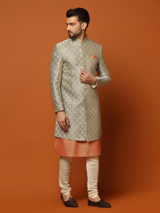 Men's Grey Indowestern Set With Kurta and Churidar