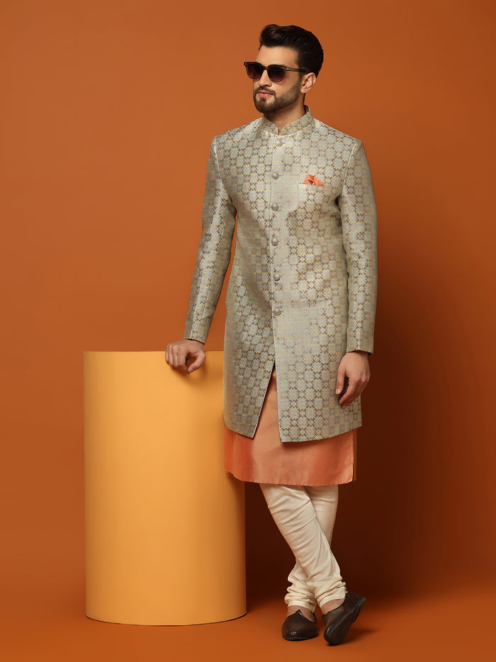 Men's Grey Indowestern Set With Kurta and Churidar