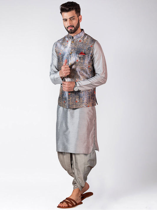 Men's Grey Kurta Jacket Dhoti Set