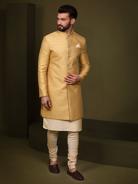 Men's Mustard Indowestern Set With Kurta and Churidar