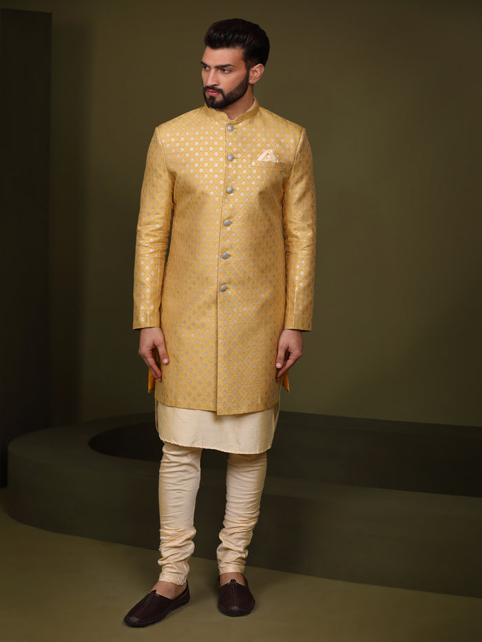 Men's Mustard Indowestern Set With Kurta and Churidar