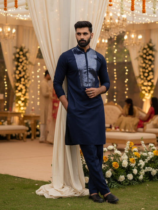 Men's Navy Blue Kurta Trouser Set