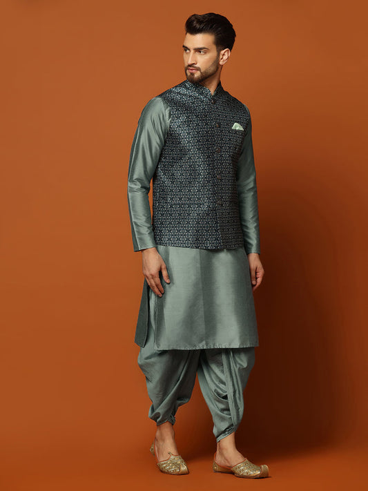 Men's Teal Kurta Jacket Dhoti Set