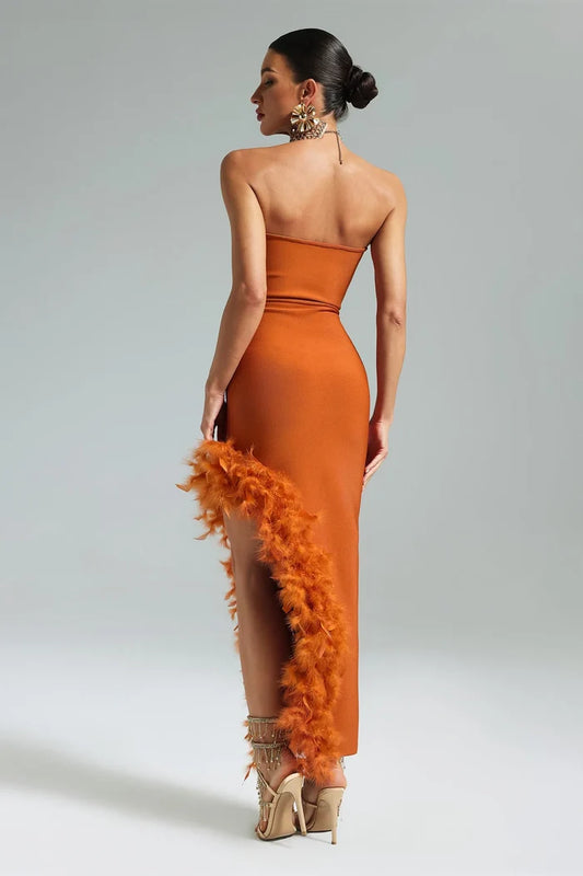 Milan
Feather-Trim Strapless Midi Dress