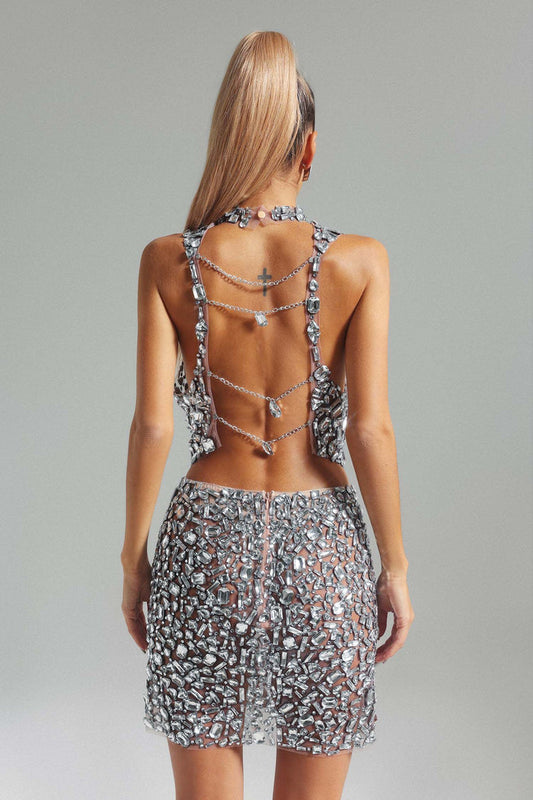 Monroe
Crystal Illusion Backless Mini Dress
