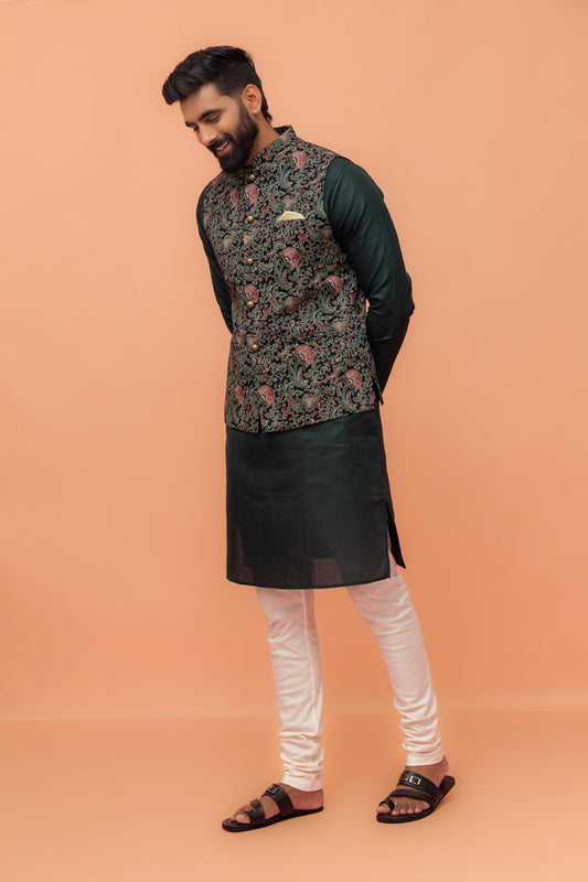 Multi Colour Printed Jacket Kurta Churidar Set
