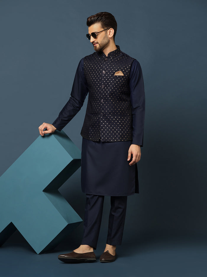 Navy Blue Embellished Nehru Jacket Kurta Set