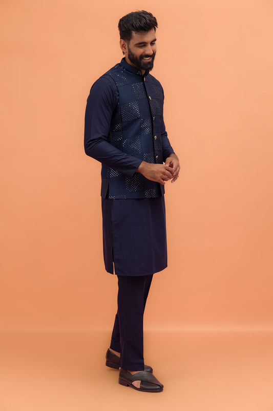 Navy Blue Sequence Work Nehru Jacket