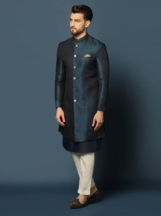 Navy Blue Silk Blend Indo-Western Sherwani Set with Jacquard Jacket, Kurta and Cream Trousers – Wedding & Reception Ensemble