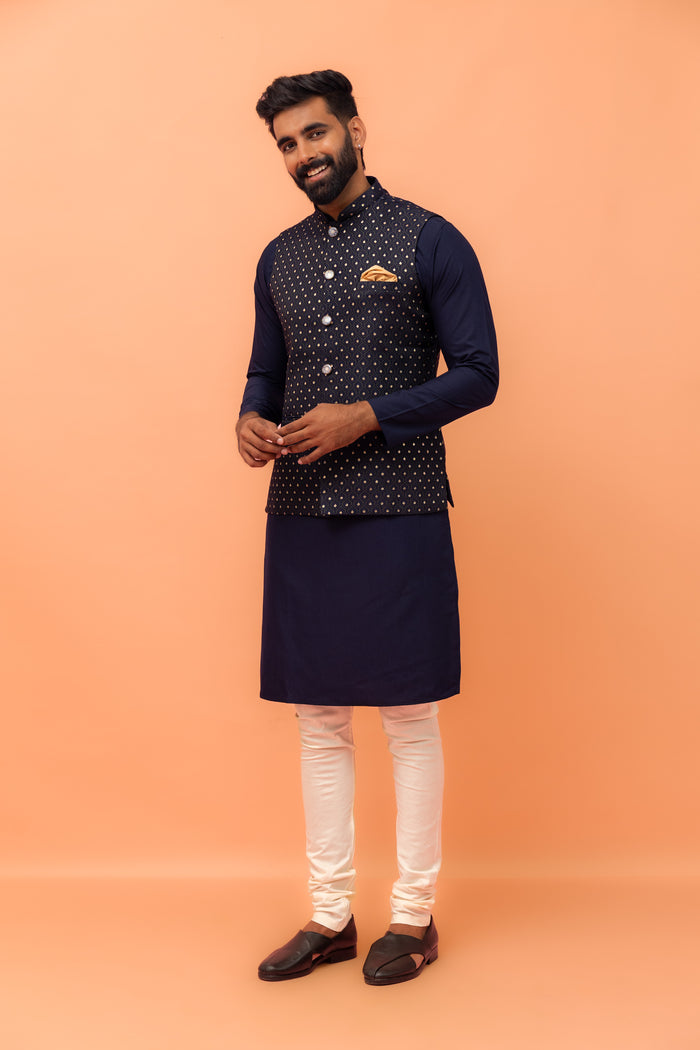 Navy Blue Textured Jacquard Nehru Jacket with Embellished Buttons and Gold Pocket Square