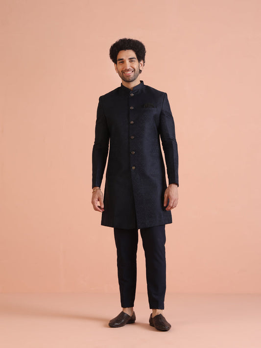 Navy Blue Textured Sherwani Trouser Set