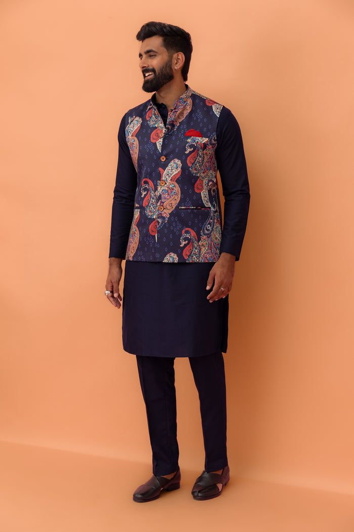 Navy Paisley Printed Nehru Jacket