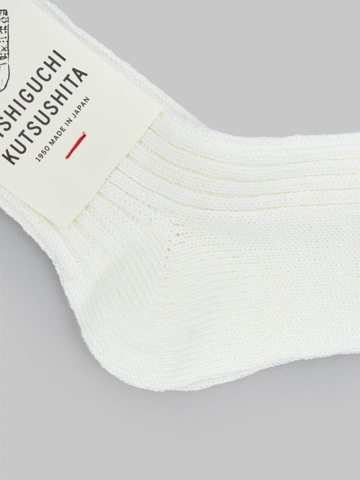 nishiguchi kutsushita linen ribbed socks off white heel