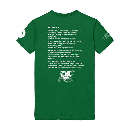Youth Of Today green Gildan heavy cotton t-shirt with white text about animal rights and conscious living on the back, plus an illustration of a cow, pig, and chicken standing together below the poem.