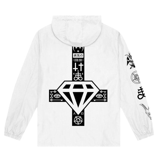 Stay Sick Clothing’s white zip-up hoodie features bold black occult and geometric designs on the back—including a diamond, inverted cross, mystical eyes, and symbols—with extra detailed artwork on the right sleeve.