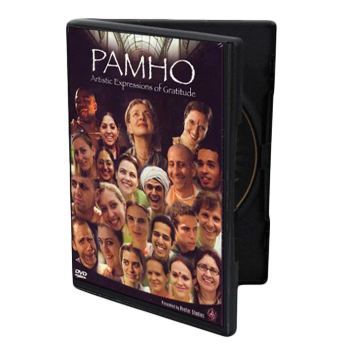 Mantralogy’s DVD, PAMHO: Artistic Expressions of Gratitude, showcases ISKCON’s devotional art. The cover features a collage of smiling people from diverse backgrounds; the slightly open case reveals the disc inside.