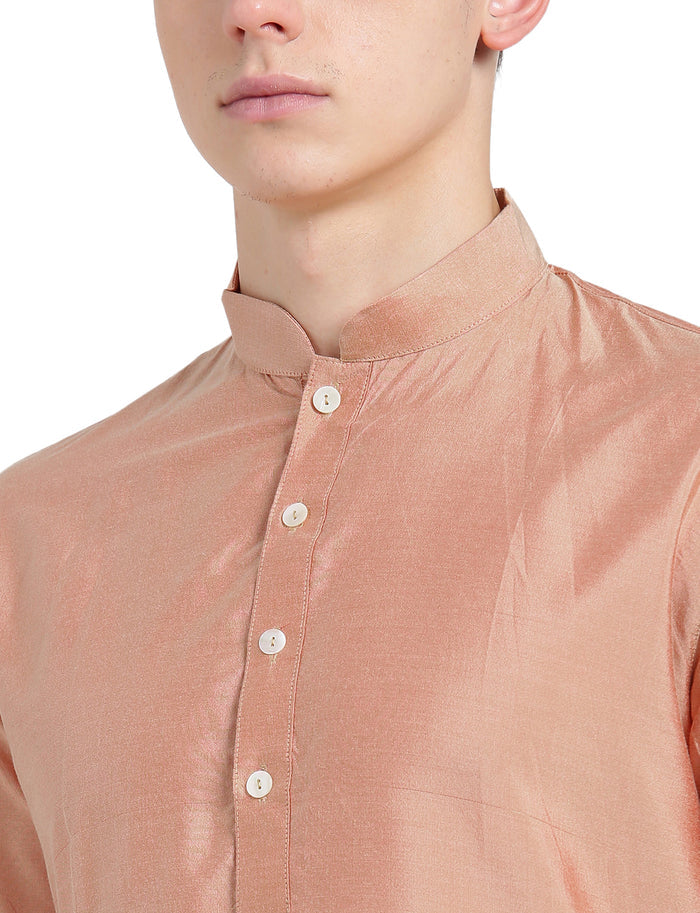 Peach Silk Blend Long Kurta - Solid Festive Wear with Mandarin Collar for Weddings & Celebrations