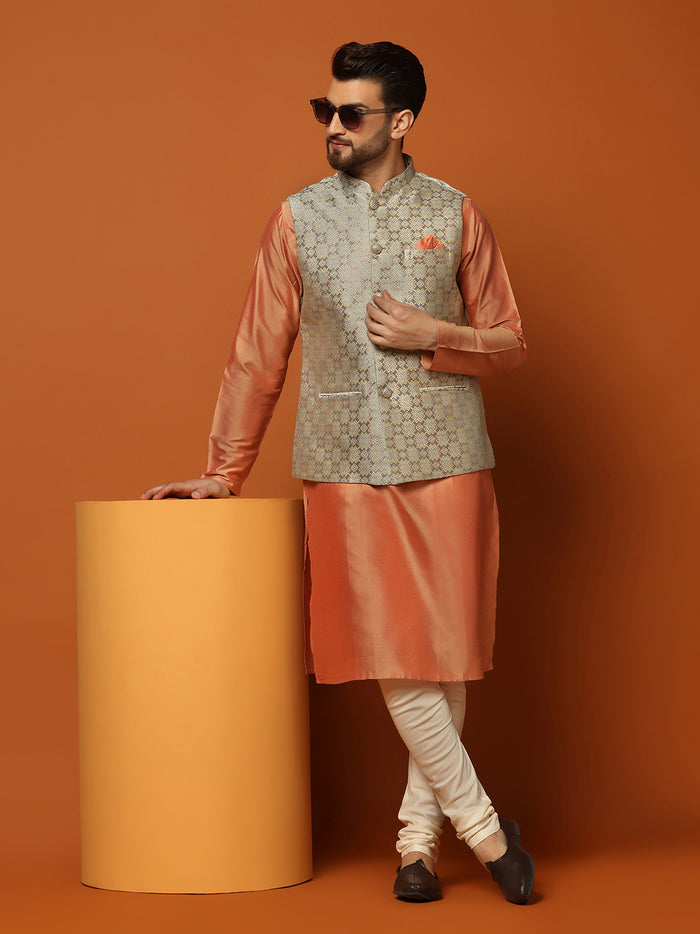 Peach Silk Blend Textured Nehru Jacket Kurta Churidar