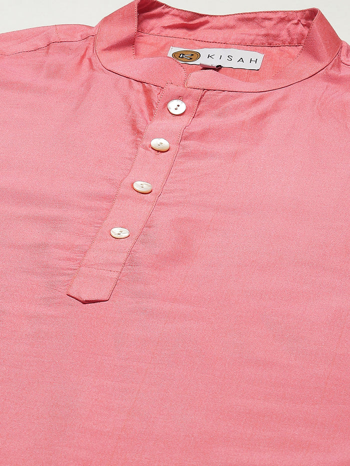 Pink Art Silk Solid Long Kurta.