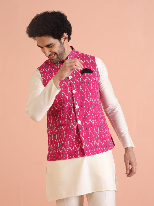 Pink Cotton Silk Ikat Printed Nehru Jacket
