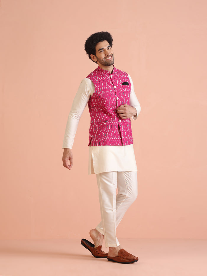 Pink Cotton Silk Ikat Printed Nehru Jacket
