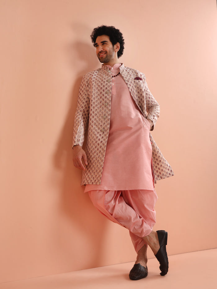 Pink Cotton Silk Printed Sherwani Kurta Dhoti Set