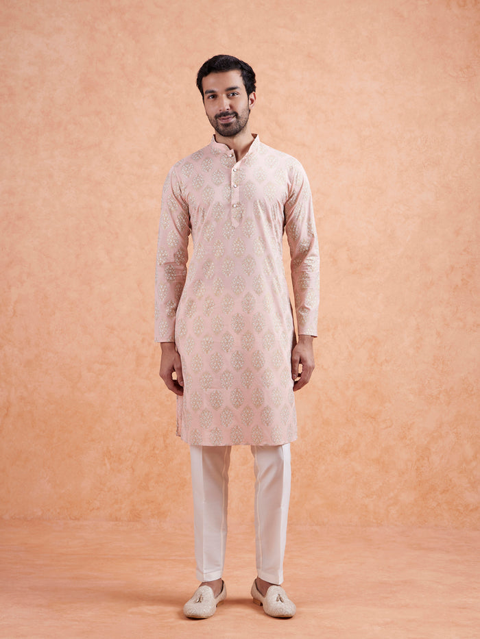 Pink Cotton Silk Woven Long Kurta