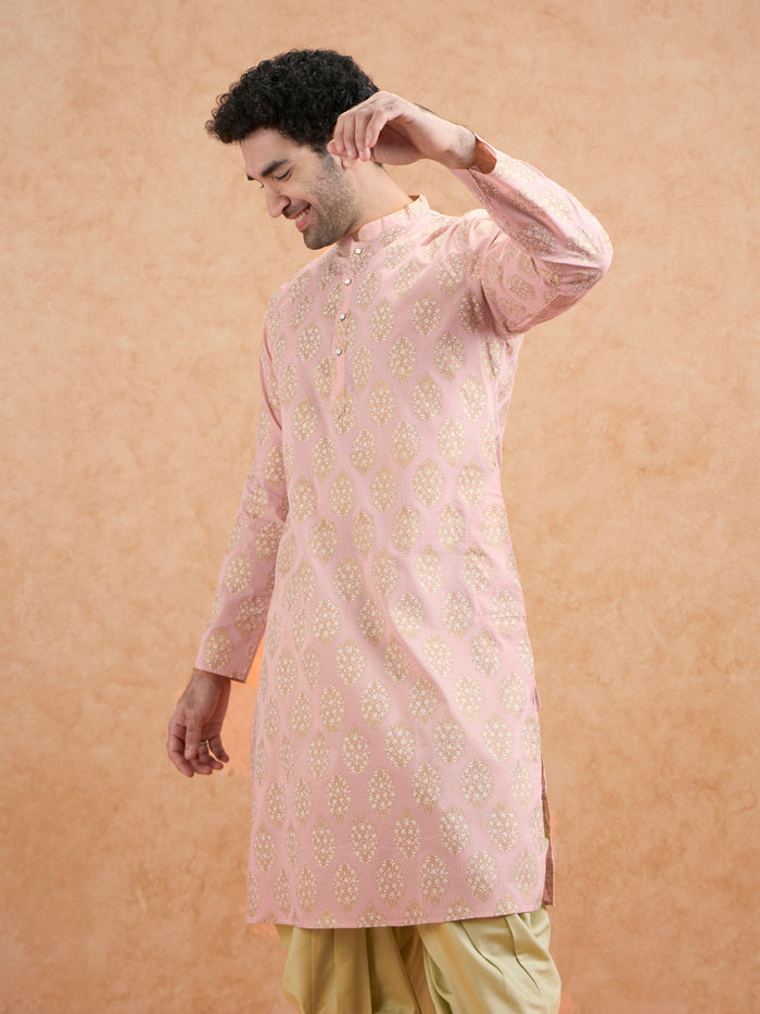 Pink Silk Blend Embroidered Kurta Mint Dhoti