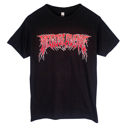 Black t-shirt with red and white text that says melrose avenue in metal graphic design on a white background