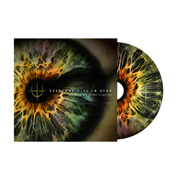 CD and album cover for Cost Of Clarity by Everyone Dies In Utah, featuring a vibrant close-up of an iris with the bands logo and album title centered on the artwork.