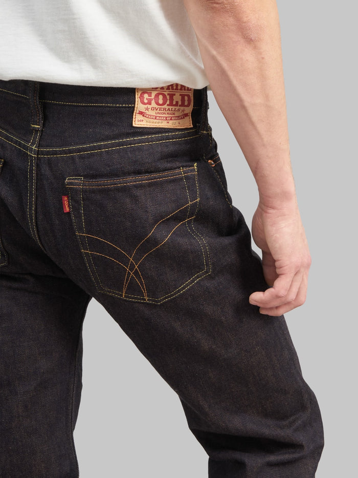 the strike gold 2103 brown weft regular straight selvedge jeans back pocket