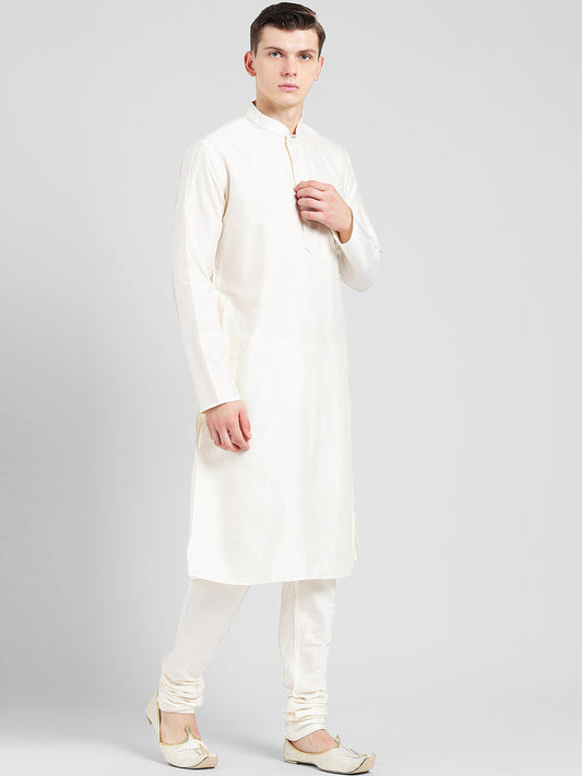 White Cotton Silk Solid Kurta Churidar Set