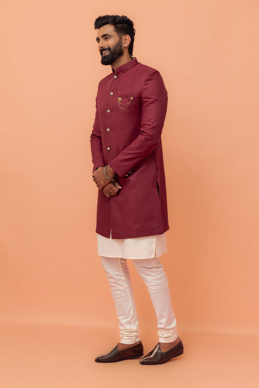 Wine Cotton Silk Sherwani Kurta Churidar Set