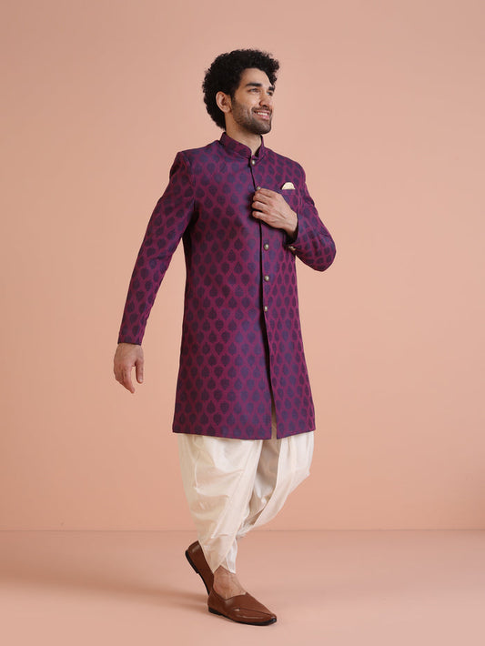 Wine Jacquard Sherwani with Cream Dhoti
