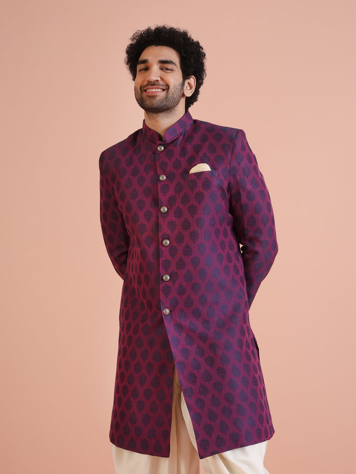 Wine Jacquard Sherwani with Cream Dhoti
